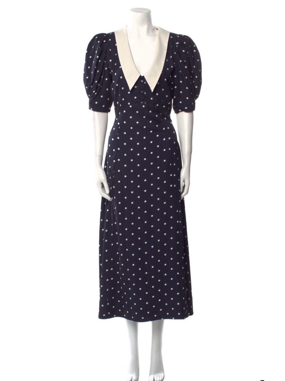 Navy Polka Dot Midi Dress with Contrast Collar size 36